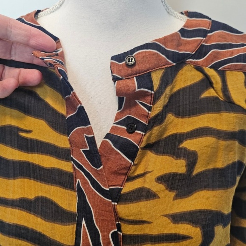BURU Tiger Animal Print Cinch Hem Blouse – Large Statement Top 3/4 Sleeve‎ - Picture 5 of 12
